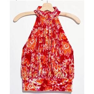 Free People Take A Break Velvet Halter Top Pink Orange Paisley Print Sz M